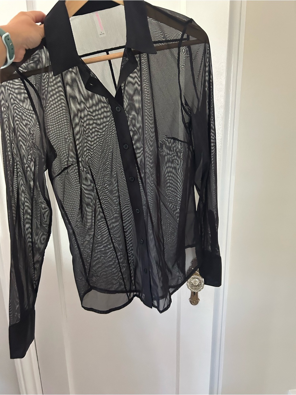 Sheer Black Long-Sleeve Button-Down Shirt - Lightweight Collared Top